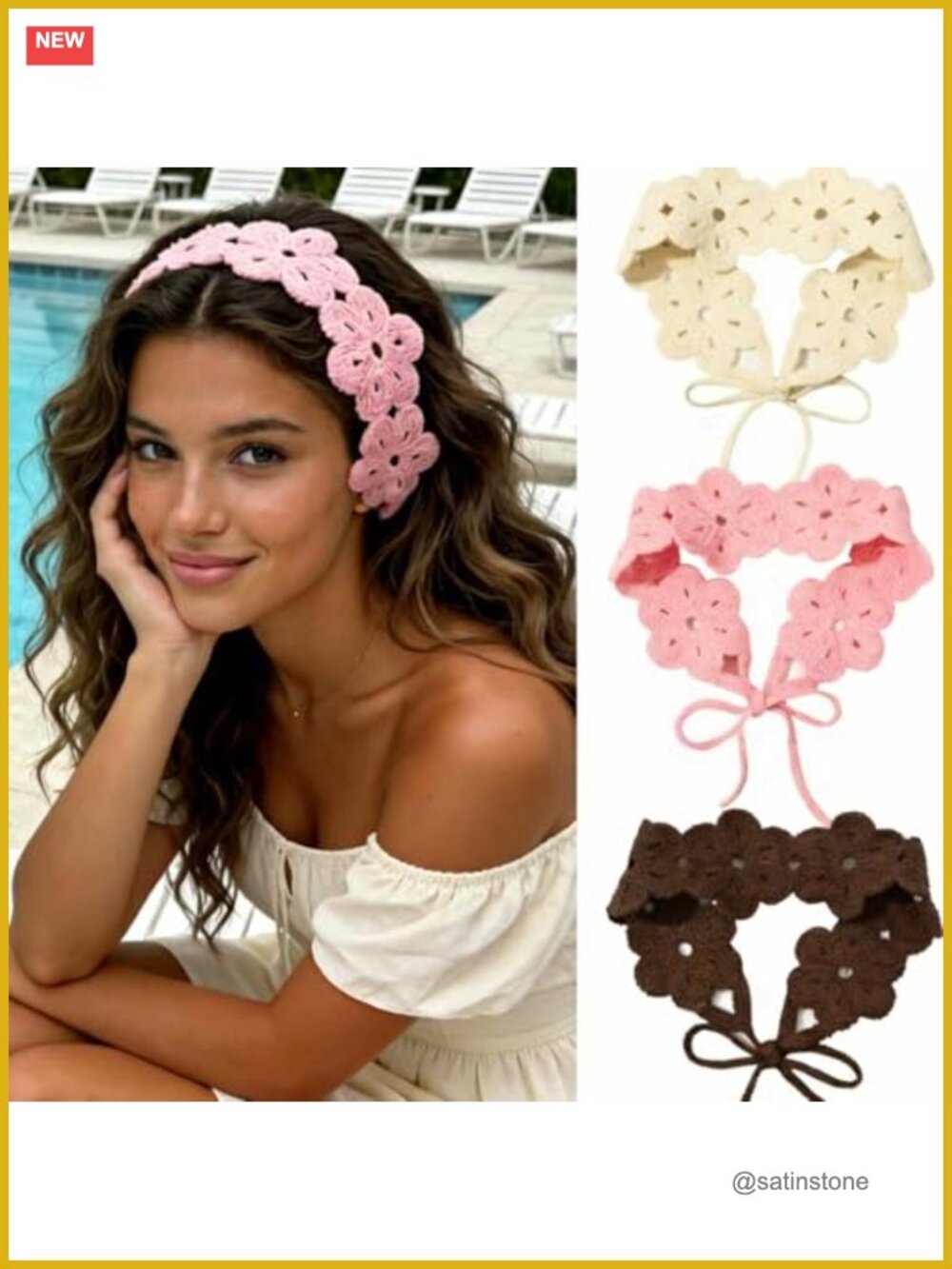 Crochet Flower Headband Boho Soft Polyester Adjustable Bow Tie Hair Accessory